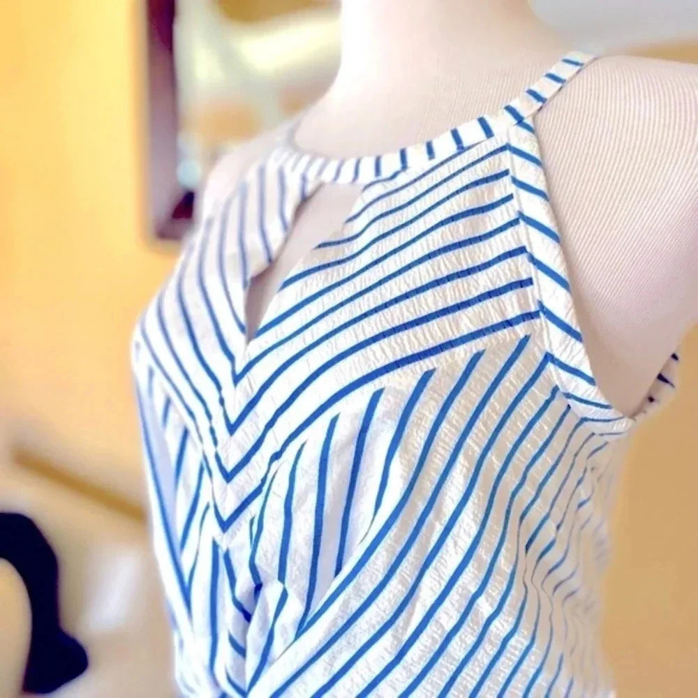London Times Striped Halter Midi Dress Blue White Tie Front 8 NWOT - Picture 5 of 10